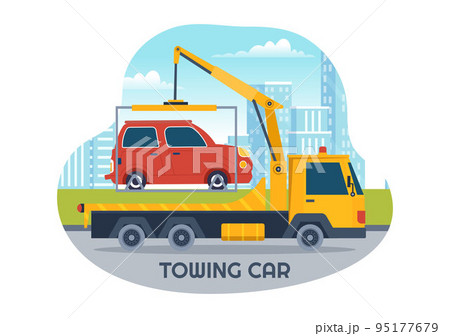 Auto Towing Car Using a Truck with Roadside Assistance Service in Template Hand Drawn Cartoon Flat Background Illustration 95177679