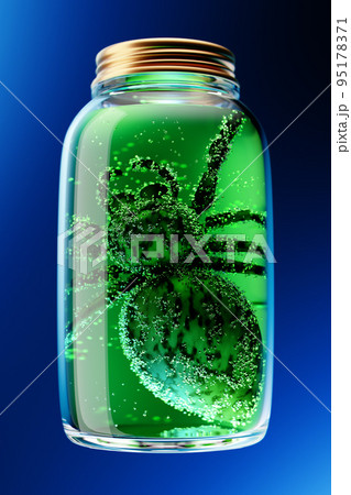 Closeup spider in jar with green liquid. 95178371
