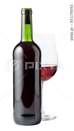 Bottle and glass of red wine are isolated on white. 95179093