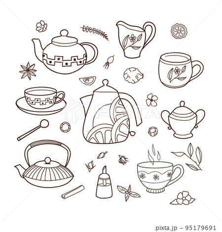 contour drawings, cup and teapot set, for tea and coffee contour drawings, cup and teapot set, for tea and coffee 95179691