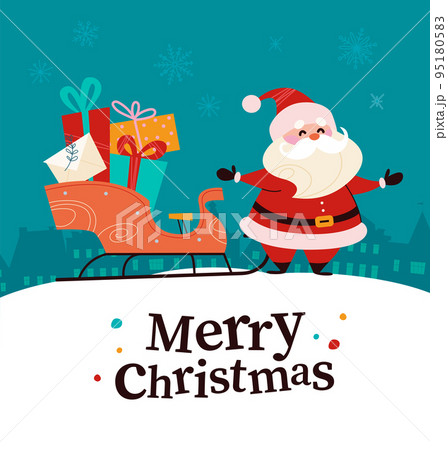 Merry Christmas concept with Santa Claus, gift sled and text congratulation. 95180583