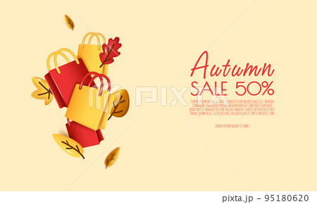 Autumn sale banner template with realistic shopping bag and autumn leaves. Vector illustration. 95180620