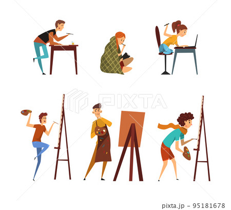 Man and Woman Artist Painting on Canvas with Drawing Easel and on Tablet Graphic Drawing Vector Set 95181678