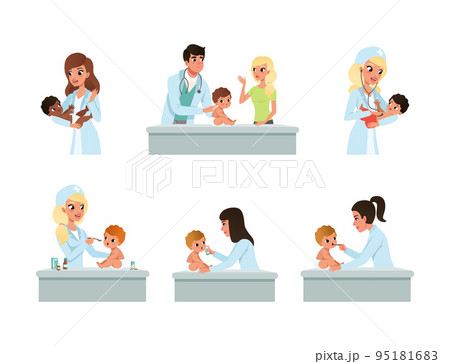 Man and Woman Pediatrician or Medical Doctor Performing Baby Checkup and Examination Vector Set Man and Woman Pediatrician or Medical Doctor Performing Baby Checkup and Examination Vector Set 95181683