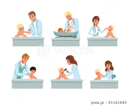 Man and Woman Pediatrician or Medical Doctor Performing Baby Checkup and Examination Vector Set Man and Woman Pediatrician or Medical Doctor Performing Baby Checkup and Examination Vector Set 95181684