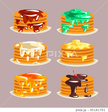 Pile of Sweet Pancakes Poured with Honey, Cream and Chocolate on the Top Vector Set 95181701