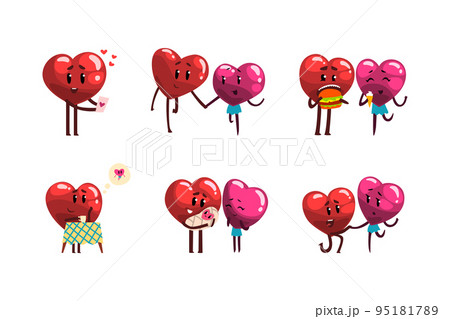 Cute Humanized Heart Character Having Romantic Relationship and Dating Vector Set 95181789