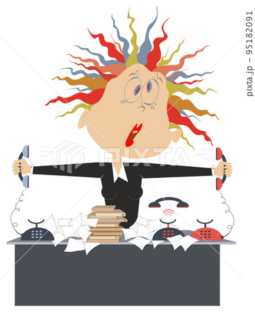 Cartoon angry and upset business woman and ringing telephons. Busy business woman or receptionist holding telephone receivers in both hands. Isolated on white background 95182091