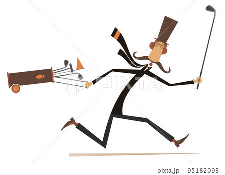 Cartoon man in the top hat running to play golf. Running long mustache gentleman in the top hat with a golf club and golf bag. Isolated on white background 95182093