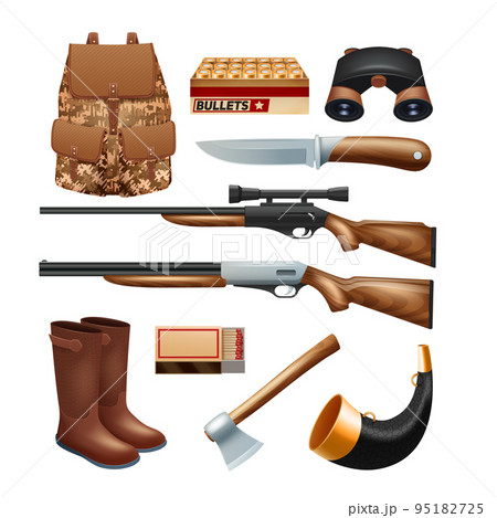 Hunting tackle and equipment icons set 95182725