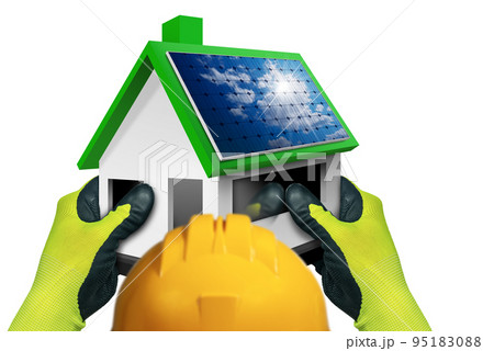 Construction Worker Holding a Small Model House with Solar Panels Construction Worker Holding a Small Model House with Solar Panels 95183088