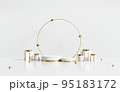 3D rendering white and gold product display stands with gift boxes on white background. 95183172
