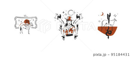 Hand drawn abstract vector graphic clipart illustrations logo set compositions.Wild Western design concept.Bohemian wild west contemporary art.Cowboy modern line art drawing.American cowgirl logo. 95184431