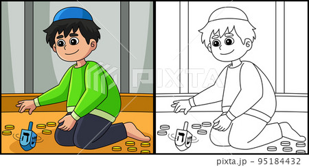 Hanukkah Boy Playing Dreidel Coloring Illustration 95184432
