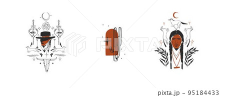 Hand drawn abstract vector graphic clipart illustrations logo set compositions.Wild Western design concept.Bohemian wild west contemporary art.Cowboy modern line art drawing.American cowgirl logo. Hand drawn abstract vector graphic clipart illustrations logo set compositions.Wild Western design concept.Bohemian wild west contemporary art.Cowboy modern line art drawing.American cowgirl logo. 95184433