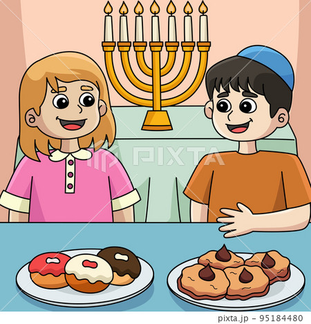Hanukkah Boy and Girl Feasting Colored Cartoon 95184480