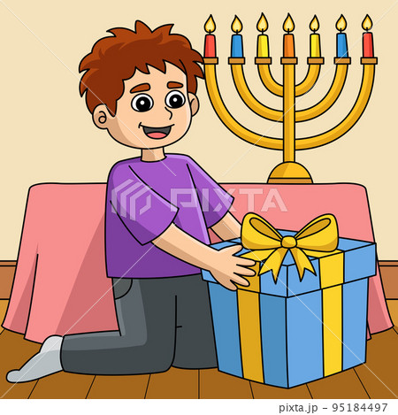 Hanukkah Boy with Gift Colored Cartoon  95184497