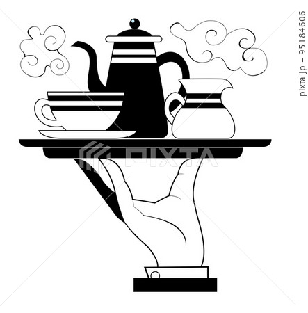Tray with coffeepot, cup and cream are on the tray. Hand of the waiter holding a tray with coffeepot, cup and cream black on white background 95184606