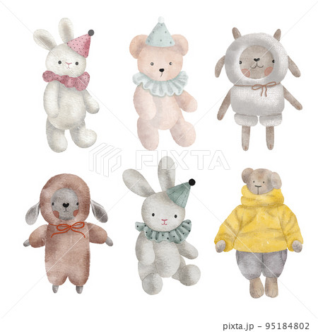 Set of watercolor vector plush toy bunny, bear, sheep. 95184802