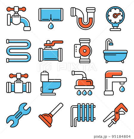 Plumbing Icons Set on White Background. Vector 95184804