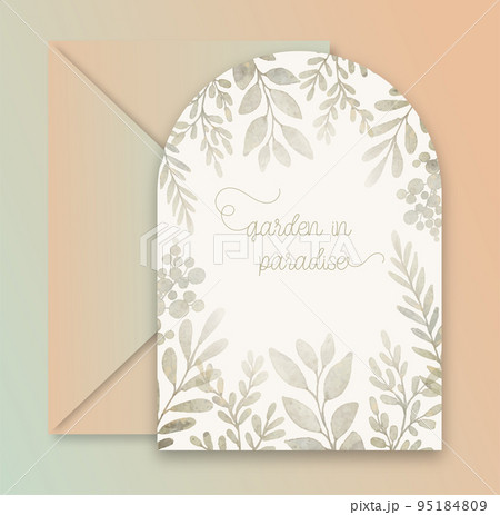 Luxury arch wedding invitation card background with green watercolor botanical leaves. Abstract floral art background vector design for wedding and vip cover template. 95184809