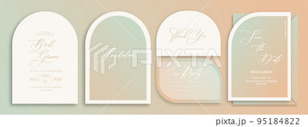 Luxury arch wedding invitation card background in delicate pink and green shades. Abstract art background vector design for wedding and vip cover template. 95184822