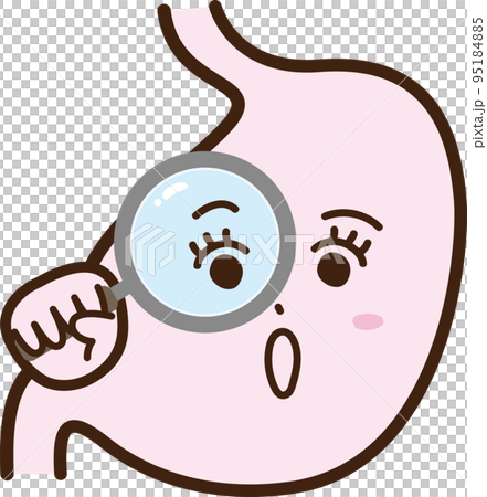 虫眼鏡で検査・診断する擬人化した胃袋のびっくりした表情 95184885