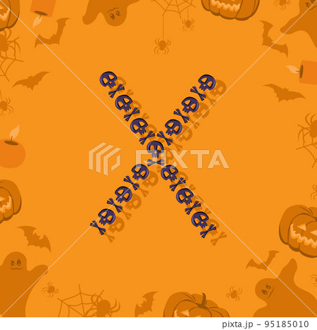 Halloween letter X from skulls and crossbones for design. Festive font for holiday and party on orange background with pumpkins, spiders, bats and ghosts 95185010