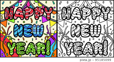 Happy New Year Banner Coloring Page Illustration 95185099