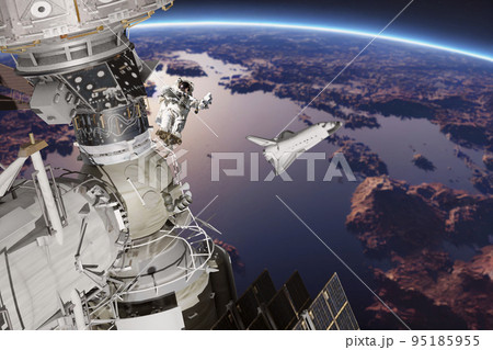 International space station on orbit of Earth planet. ISS. Dark background. Elements of this image furnished by NASA. International space station on orbit of Earth planet. ISS. Dark background. Elements of this image furnished by NASA. 95185955