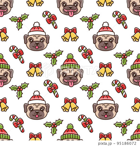 Cute seamless pattern with dog breed pug in christmas hat, with mistletoe, bell and lollipop Cute seamless pattern with dog breed pug in christmas hat, with mistletoe, bell and lollipop 95186072