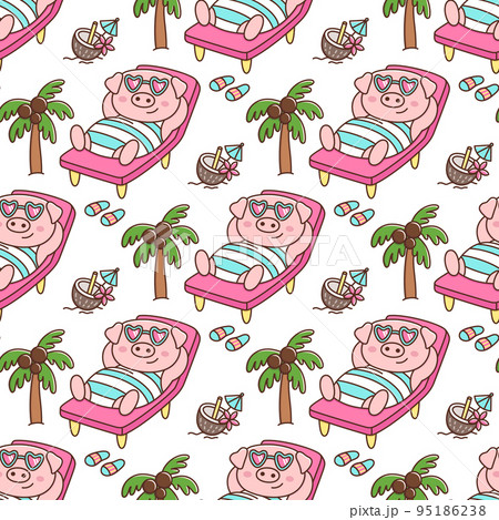 Tropical seamless pattern with Pig in swimsuit and glasses, with coconut cocktail 95186238