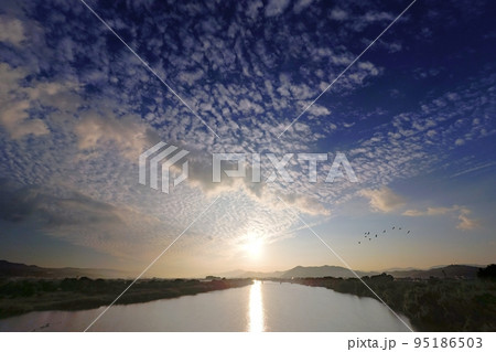 多様な雲が現れた秋の朝空を舞う鳥の群れ・超広角・空主体・221001am 多様な雲が現れた秋の朝空を舞う鳥の群れ・超広角・空主体・221001am 95186503