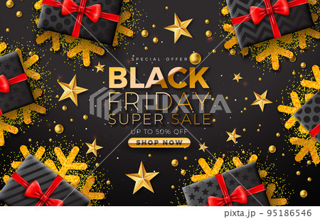 Black Friday Super Sale Illustration with Golden Snowflakes and Gold Text Lettering on Dark Background. Vector New Year and Christmas Design Template for Greeting Card, Flyer, Banner, Celebration 95186546