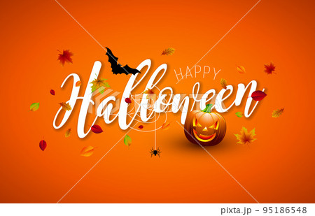 Happy Halloween Illustration with Typography Lettering, Pumpkin on and Flying Bats on Orange Background. Vector Autumn Holiday Design Template for Greeting Card, Flyer, Banner, Celebration Poster or 95186548