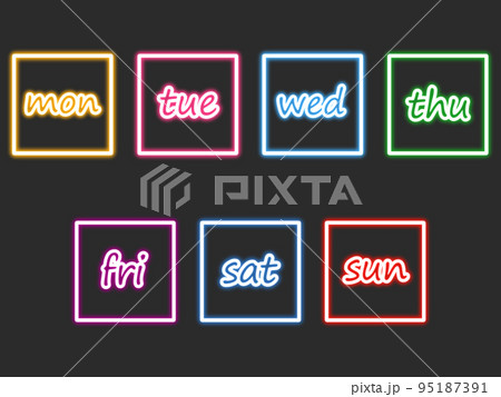 カラフルなネオンの四角形の英語曜日セット カラフルなネオンの四角形の英語曜日セット 95187391