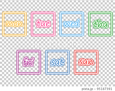 カラフルなネオンの四角形の英語曜日セット カラフルなネオンの四角形の英語曜日セット 95187391