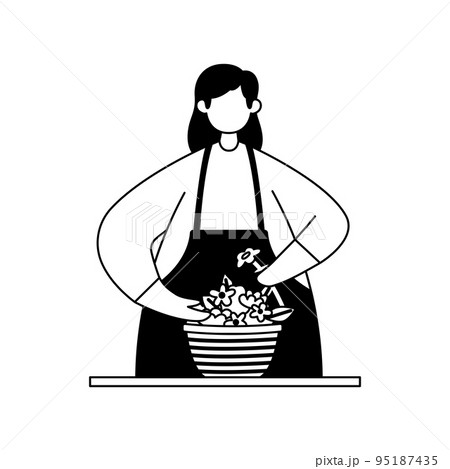 Vector illustration of a florist making up a bouquet. Profession. Line art 95187435
