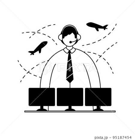 Vector illustration of an air traffic controller with a headset on his head in front of monitors. Profession. Line art 95187454