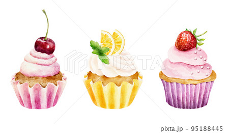 Set of watercolor cupcakes with fresh cherry, strawberry and lemon isolated on white background. 95188445