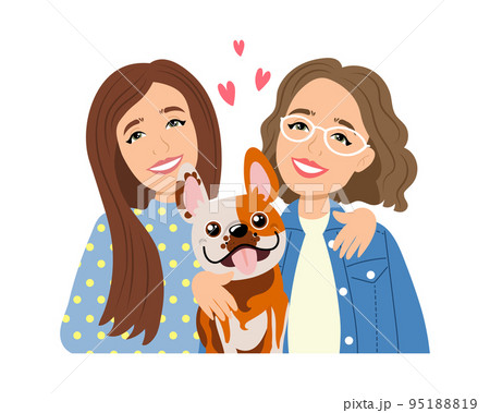 Cute happy girls with funny dog. The concept of... - Stock ...