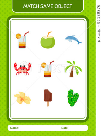 Match with same object game summer icon. worksheet for preschool kids, kids activity sheet Match with same object game summer icon. worksheet for preschool kids, kids activity sheet 95189876