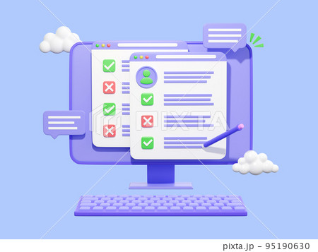 Checklist on desktop PC, 3d render illustration, blue background. Computer with checked tasks. Concept of online survey, exam note, business contract, research form, evaluation document, questionnaire 95190630
