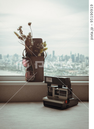 Aantique polaroid camera, Sunglasses and Dried flowers in mini brown leather bag. Background it city and river view. Aantique polaroid camera, Sunglasses and Dried flowers in mini brown leather bag. Background it city and river view. 95190919