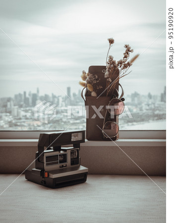 Aantique polaroid camera, Sunglasses and Dried flowers in mini brown leather bag. Background it city and river view. Aantique polaroid camera, Sunglasses and Dried flowers in mini brown leather bag. Background it city and river view. 95190920