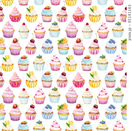 Watercolor seamless pattern with cupcakes isolated on white background. Hand drawn watercolor illustration. Watercolor seamless pattern with cupcakes isolated on white background. Hand drawn watercolor illustration. 95191163