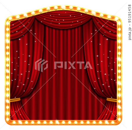 Closed cinema curtain. Luxury red folded drapery 95191458