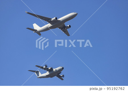 Airplane. Hunt. Hunts. Military vehicle. Spanish Air Force on the day of the National Holiday of October 12 flying over the streets of the city of Madrid. MADRID, SPAIN - OCTOBER 12, 2022. 95192762