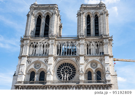 Notre Dame de Paris monument in Paris, France. Medieval Catholic cathedral currently being under reconstruction after the fire, planned to be completed by Spring 2024 95192809