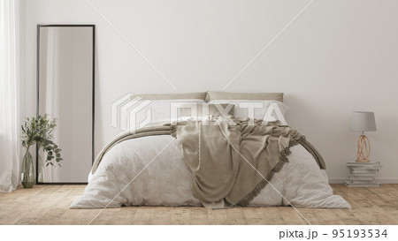 Bedroom interior with bed, mirror and decor, home interior mockup, 3d render 95193534